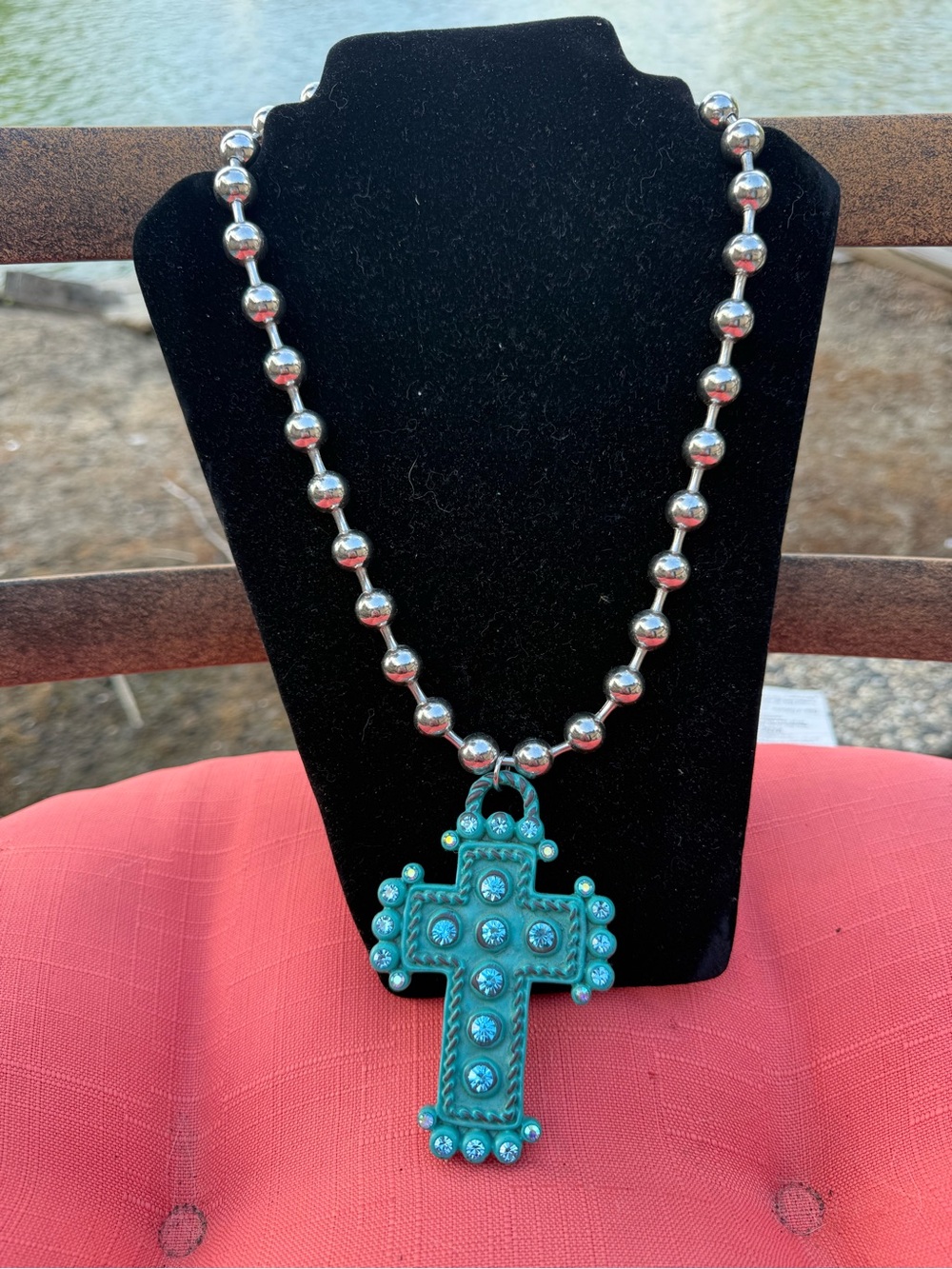 Turquoise Cross Pendant Necklace with Silver Bead Chain